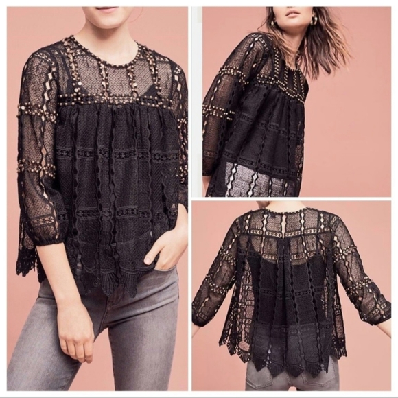 Anthropologie Tops - Anthropology Maeve Black Lace Blouse, Small